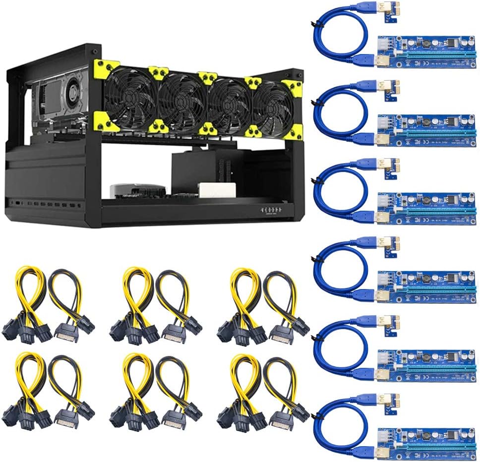 8 GPU Open Air Miner Mining Frame with 7 Fans, 6 Pin to 8 Pin PCIe Adapter Power Cables 10 Packs, 6 Powered Riser Adapter for Crypto Coin Currency Mining（V3C）
